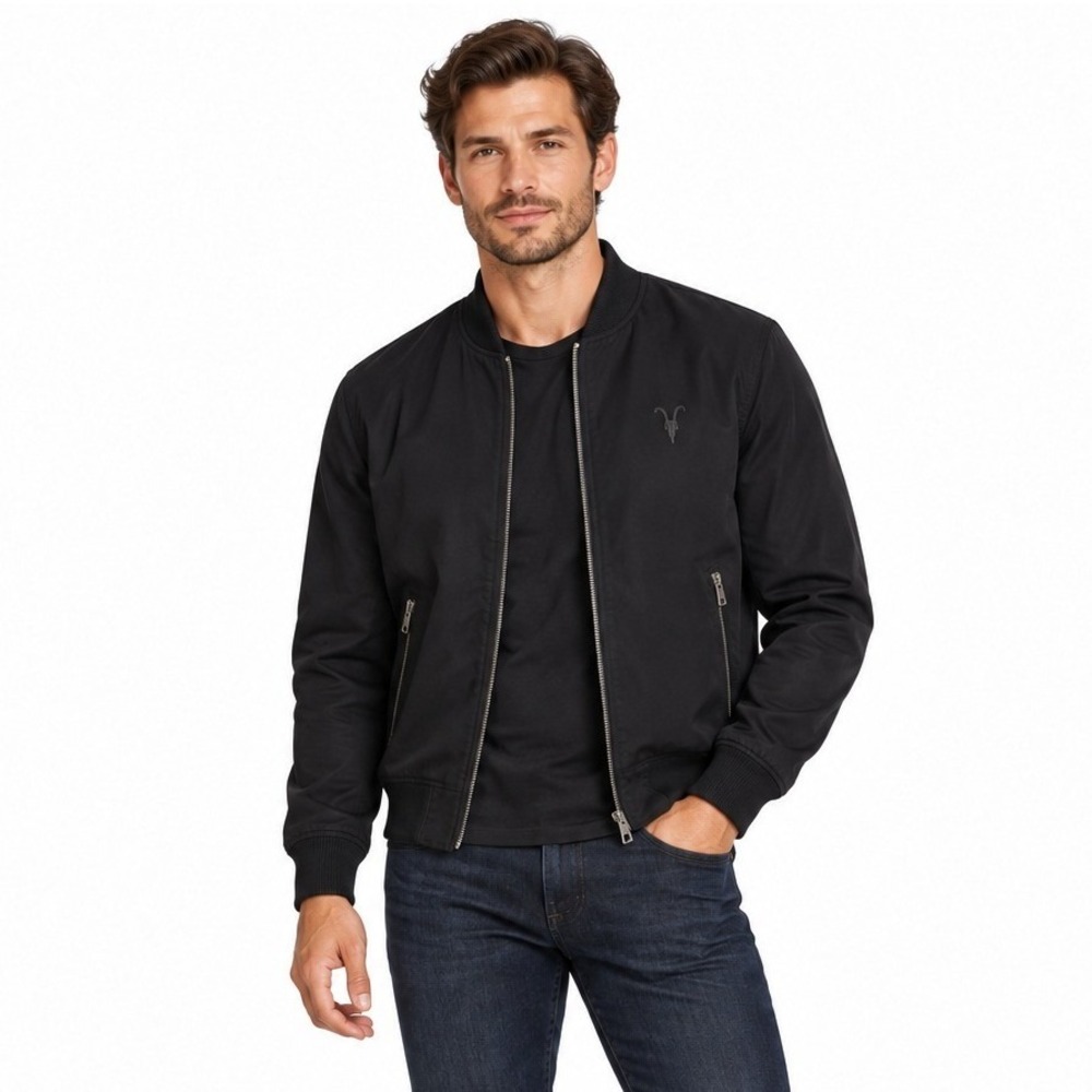 AllSaints Bassett Bomber Jacket M Black Ramskull Cotton Blend Zip Minimalist
